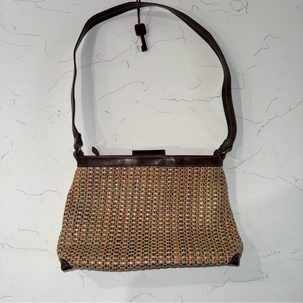 Fossil Shoulder Bag Classic Weave Purse Multicolored Straw Leather Trim 75082